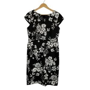 Anthea Crawford Women's Black White Floral Cap Sleeve Sheath Dress Size 12